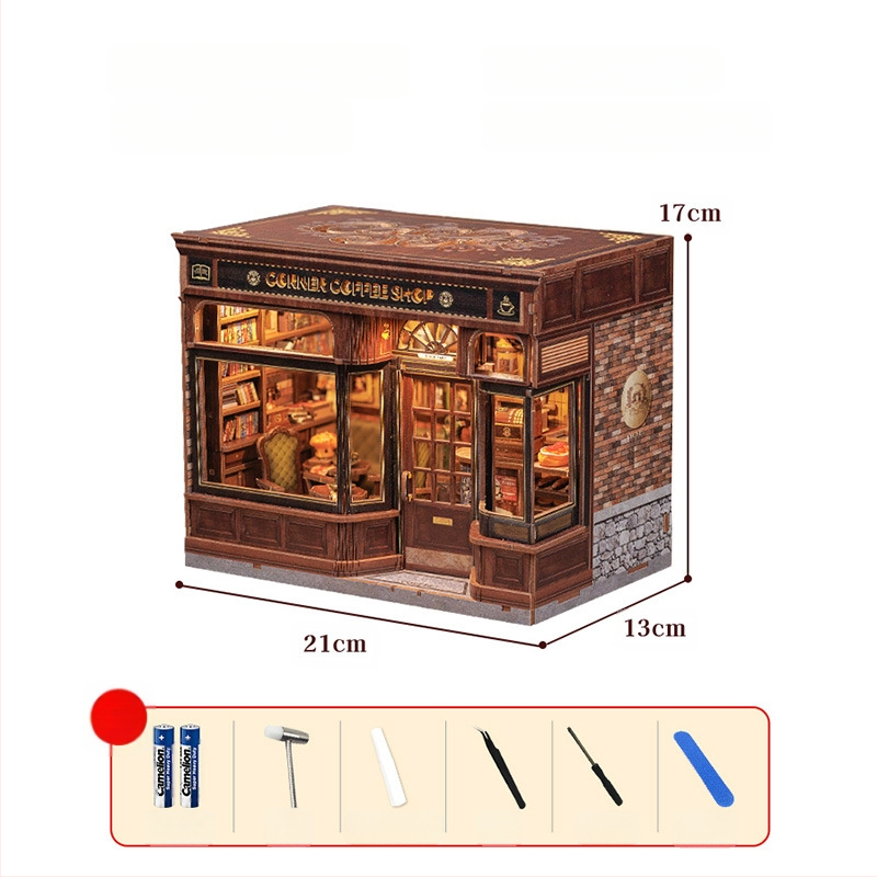 Дървен DIY 3D архитектурен модел: Corner Coffee Shop, батерийно захранване, сглобяем, CuteBee