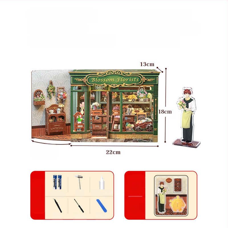 Дървен DIY 3D архитектурен модел: Corner Coffee Shop, батерийно захранване, сглобяем, CuteBee