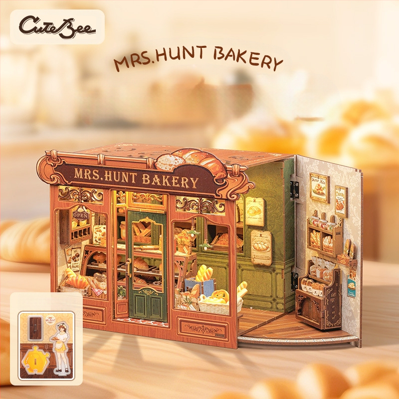 Дървен DIY 3D архитектурен модел: Corner Coffee Shop, батерийно захранване, сглобяем, CuteBee