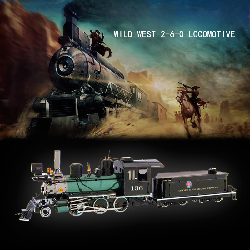 Trydimensinis metalinis galvosūkis — 2-6-0 lokomotyvas, Laukinių vakarų tema, 14+ metų, Tinklo maišelio pakuotė, Prekės ženklas Steel Magic Statue