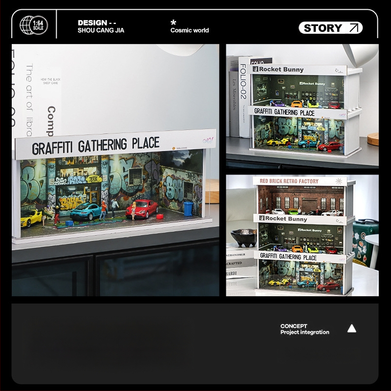 1:64 mēroga auto modelis izstādīšanai PVC kastē ar garāžas ainu un apgaismojumu; montāža nepieciešama; pielāgojams pēc zīmējumiem