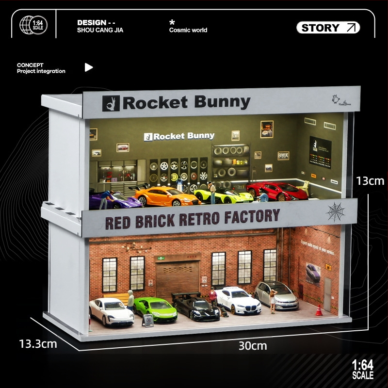 1:64 mēroga auto modelis izstādīšanai PVC kastē ar garāžas ainu un apgaismojumu; montāža nepieciešama; pielāgojams pēc zīmējumiem