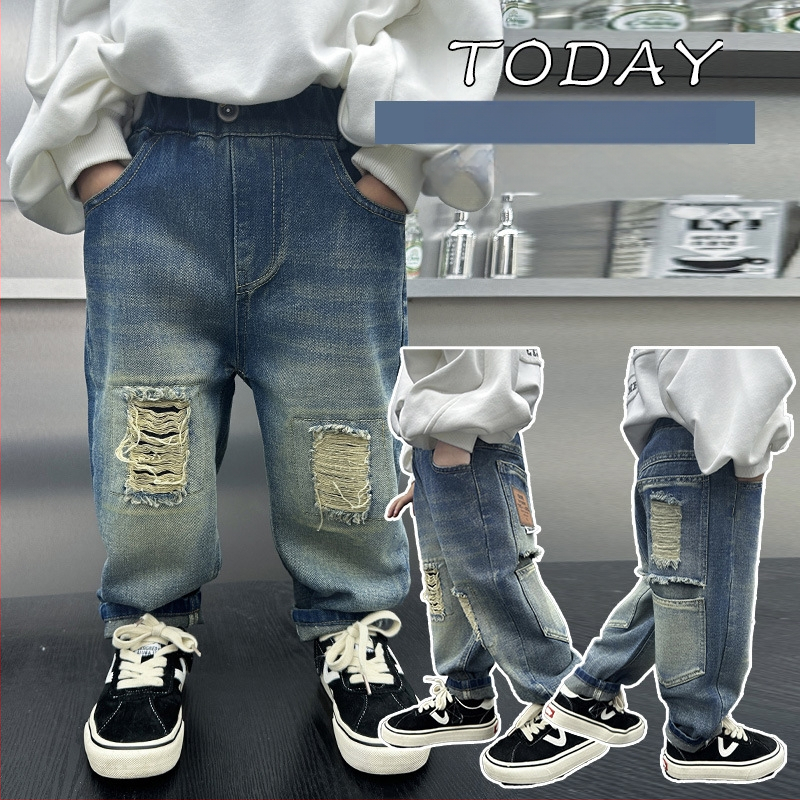 Παιδικά βαμβακερά τζιν με σχισίματα, Κορεάτικο στυλ, μεσαίας μέσης με ελαστικό, μοτίβο καρτούν/γραφήματα, Φθινόπωρο 2024
