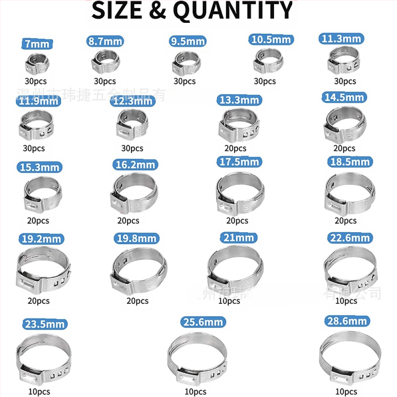 Weijie beskrajna stezaljka od nehrđajućeg čelika – jednostrani naušnica prsten, nominalni promjer 5–28.6, promjer pričvršćivanja 5–28.6, raspon primjene 7–21