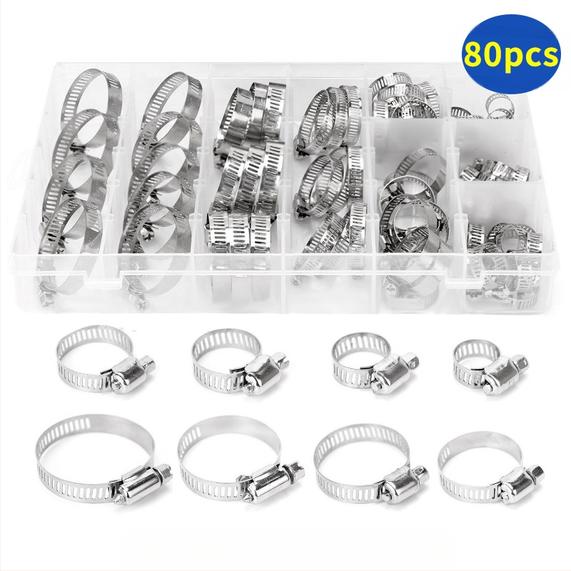 Set čeličnih stezaljki za cijevi američkog stila, u kutiji, 60 kom, za cijevi, nominalni promjer 8–44 mm
