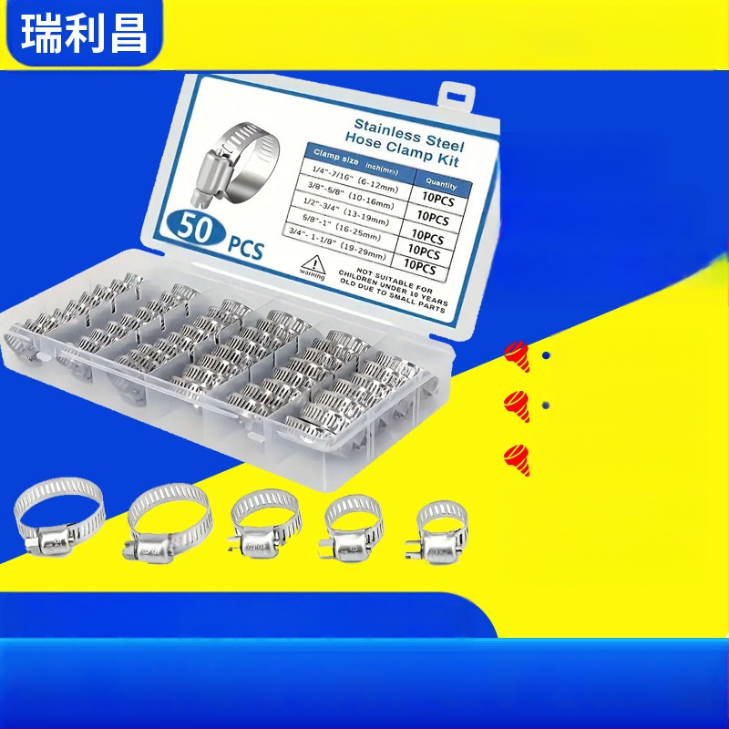 Skup spona za crijeva u američkom stilu, 40–120 kom, nominalni promjeri 8–16 mm, promjer zatvaranja 11–26 mm, marka Ruili Chang