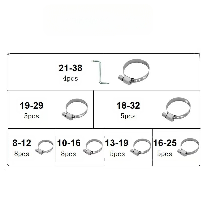 Skup spona za crijeva u američkom stilu, 40–120 kom, nominalni promjeri 8–16 mm, promjer zatvaranja 11–26 mm, marka Ruili Chang