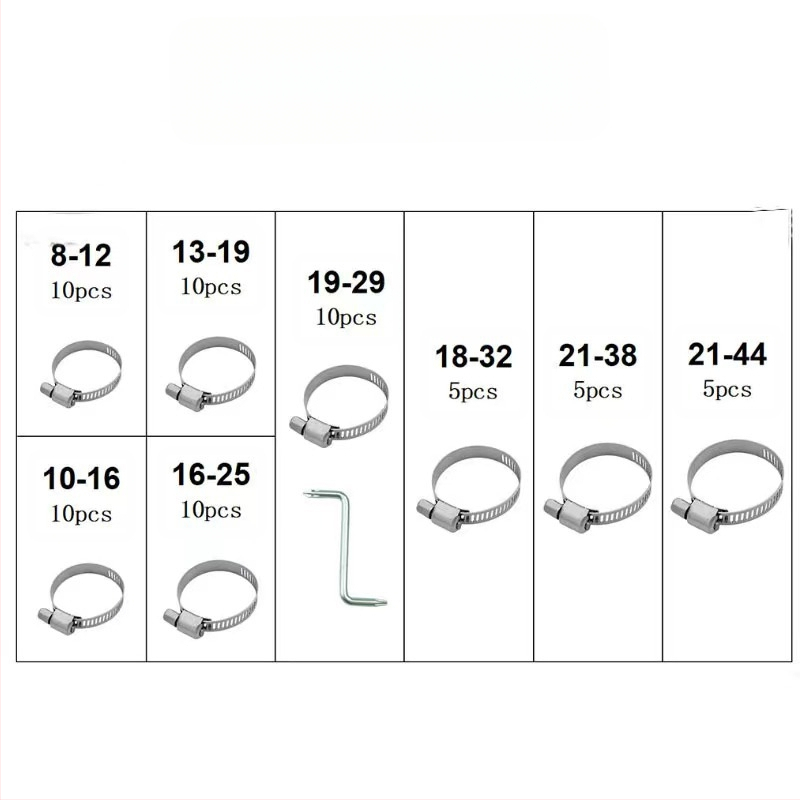 Skup spona za crijeva u američkom stilu, 40–120 kom, nominalni promjeri 8–16 mm, promjer zatvaranja 11–26 mm, marka Ruili Chang