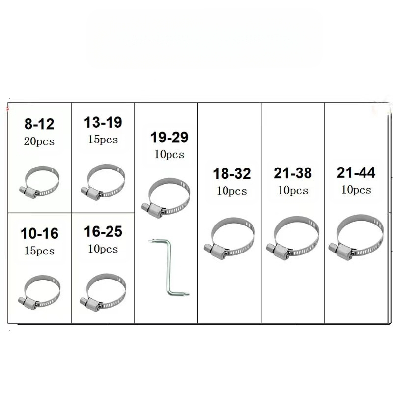 Skup spona za crijeva u američkom stilu, 40–120 kom, nominalni promjeri 8–16 mm, promjer zatvaranja 11–26 mm, marka Ruili Chang