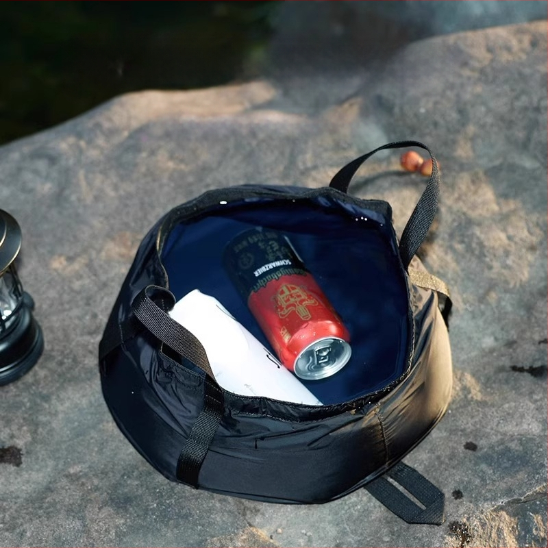 Nešiojamos sulankstomos vandens baseinas kelionėms ir laukei; medžiaga: jautienos sausgyslės audinys; atsparus vandeniui audinys; talpa 8,5 L; logotipo spausdinimas