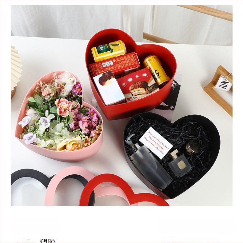 Širdies formos gėlių dovanos dėžutė su dviem skyreliais ir skaidriu langu, iš plastiko, su šilumos įspaudu, tolerancija ±5 mm