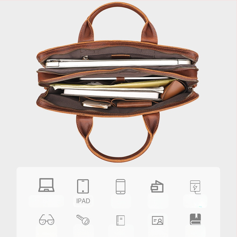 Vīriešu soma - īsta āda, horizontāla biznesa soma, piemērota 15,6 collu klēpjdatoram, rāvējslēdzēja aizdare, iekšējās kabatas klēpjdatoram, telefonam un ID