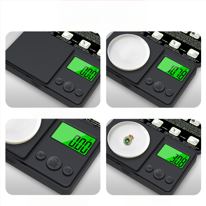 CHANGXIE CX-555 kišeninės svarstyklės su žaliu apšviestu ekranu, 1000 g talpa, 0,01 ct tikslumas.
