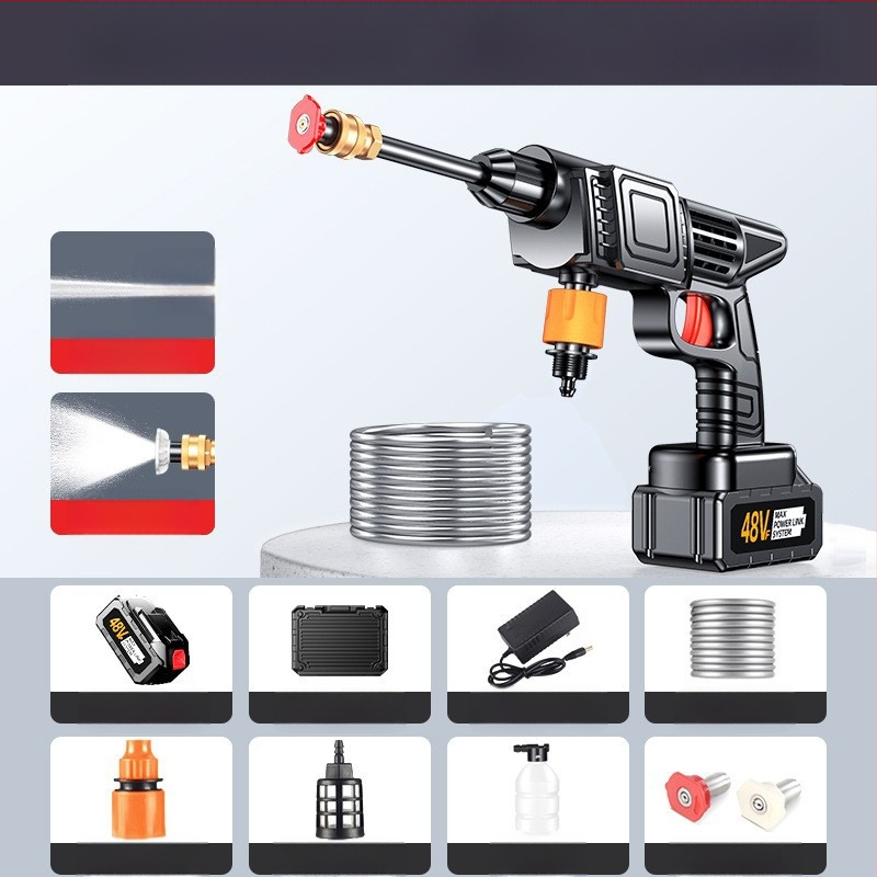 Rokasgriezīgs bezvadu auto mazgāšanas ierīce ar Li bateriju; maksimālais spiediens 50 bar, jauda 800 W, 10 L tilpums, plūsma 2–3 L/min