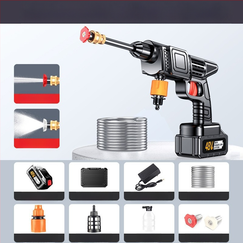 Rokasgriezīgs bezvadu auto mazgāšanas ierīce ar Li bateriju; maksimālais spiediens 50 bar, jauda 800 W, 10 L tilpums, plūsma 2–3 L/min
