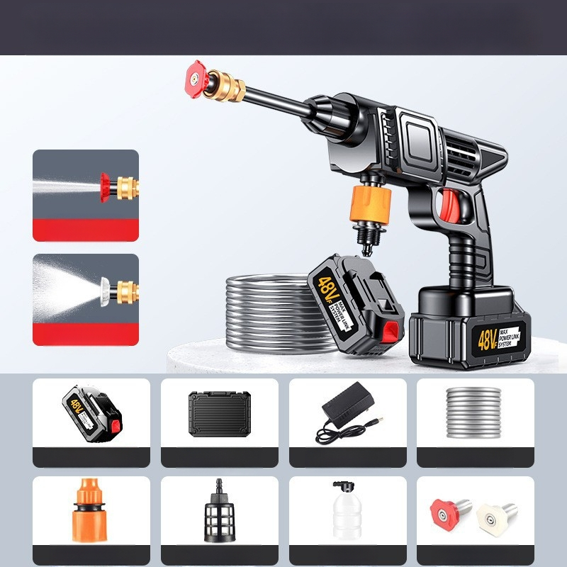 Rokasgriezīgs bezvadu auto mazgāšanas ierīce ar Li bateriju; maksimālais spiediens 50 bar, jauda 800 W, 10 L tilpums, plūsma 2–3 L/min