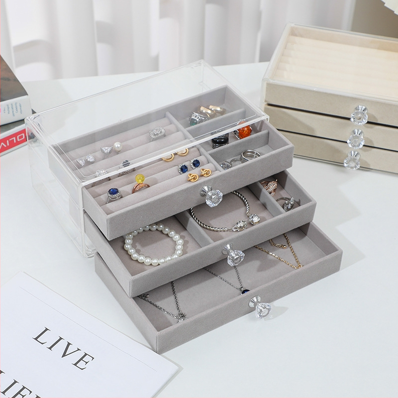 Akrilinė juvelyrinių dėžuė su kelių skyrių stalčiais, skaidri laikymo vieta ant makiažo stalo, dulkių apsauga, antioksidacija
