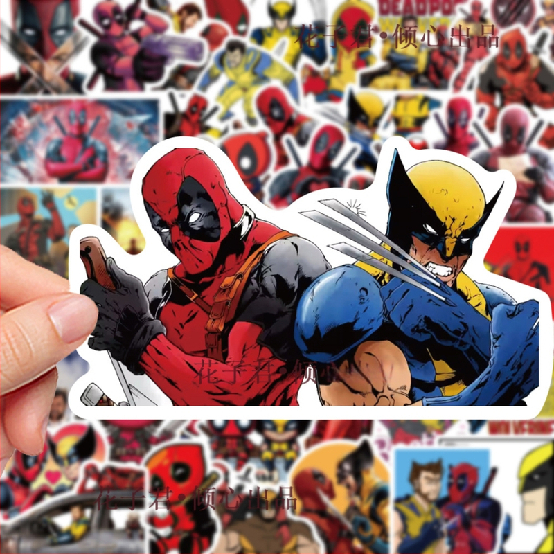 Telefonu lietu un bagāžas uzlīmju komplekts – 50 lapas ar Deadpool un Wolverine, karikatūrisks stils, PVC materiāls, uzlīmes un apdruka, logotipa apdruka iespējama, zīmols Suye