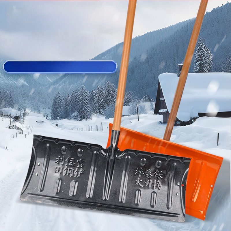 Manganio plieno viengabė sniego šluota, vienguba konstrukcija, kalintas kraštas, su ratuku, lauko sniego šalinimui