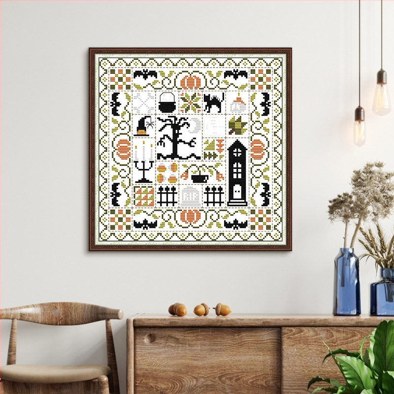 Kryžiaus siuvimo rinkinys: Halloween Still Life, DIY siuvimas ant audinio 11-CT, ekologiška medvilnė, miegamojo dekoras