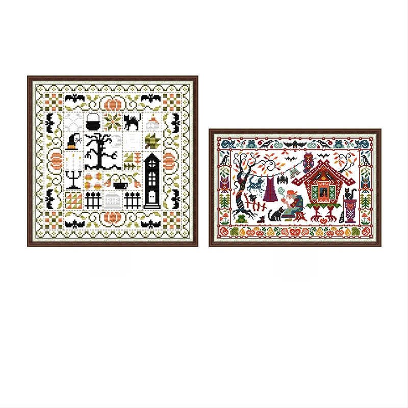 Kryžiaus siuvimo rinkinys: Halloween Still Life, DIY siuvimas ant audinio 11-CT, ekologiška medvilnė, miegamojo dekoras