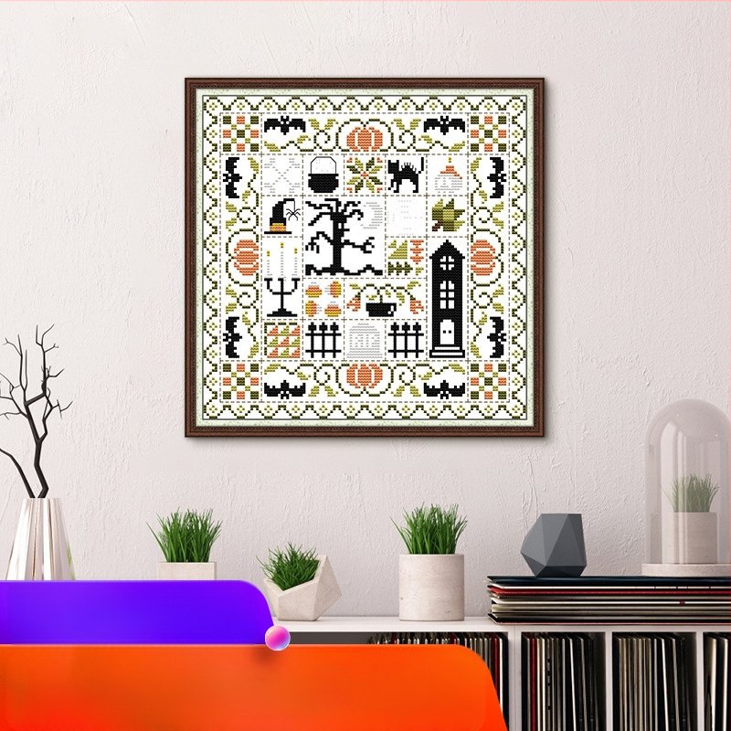 Kryžiaus siuvimo rinkinys: Halloween Still Life, DIY siuvimas ant audinio 11-CT, ekologiška medvilnė, miegamojo dekoras