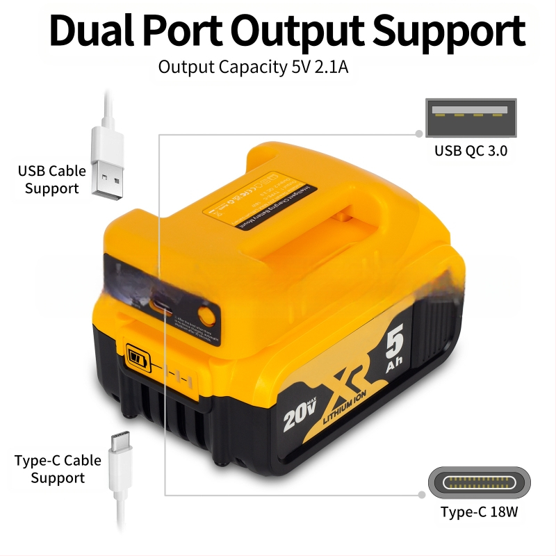 USB modelis suderinamas su DeWalt 18V Li-ion baterija — laikiklio pagrindas su sagtimi, keitiklis, 70 g