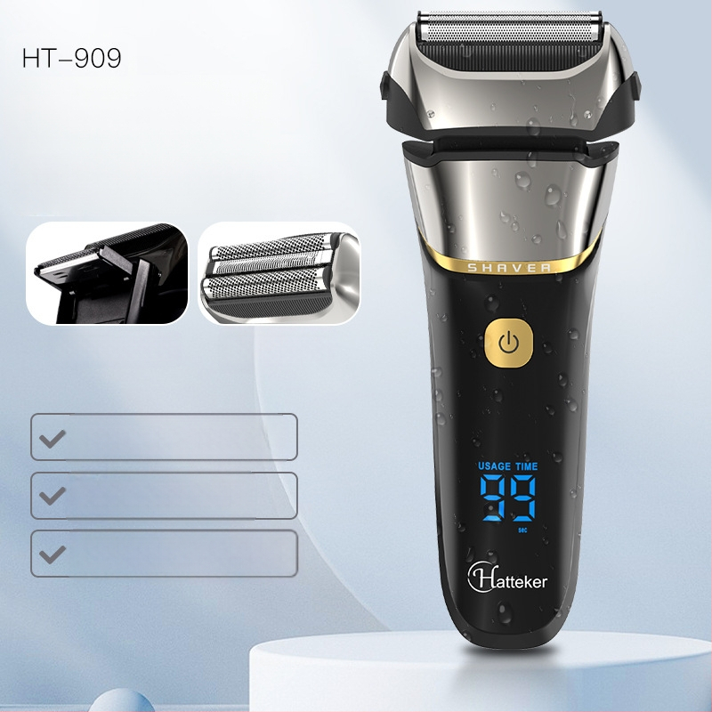 Elektrinis skustuvas su 3 mentelių recirkuliuojančia galva, LED ekranas, visiškai plaunamas, įmontuota 500–800 mAh baterija, iki 80 minučių veikimo