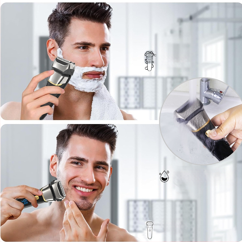 Elektrinis skustuvas su 3 mentelių recirkuliuojančia galva, LED ekranas, visiškai plaunamas, įmontuota 500–800 mAh baterija, iki 80 minučių veikimo