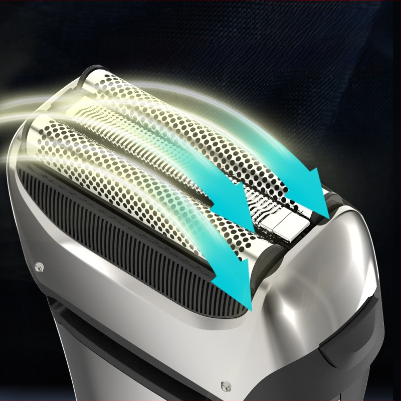 Elektrinis skustuvas su 3 mentelių recirkuliuojančia galva, LED ekranas, visiškai plaunamas, įmontuota 500–800 mAh baterija, iki 80 minučių veikimo