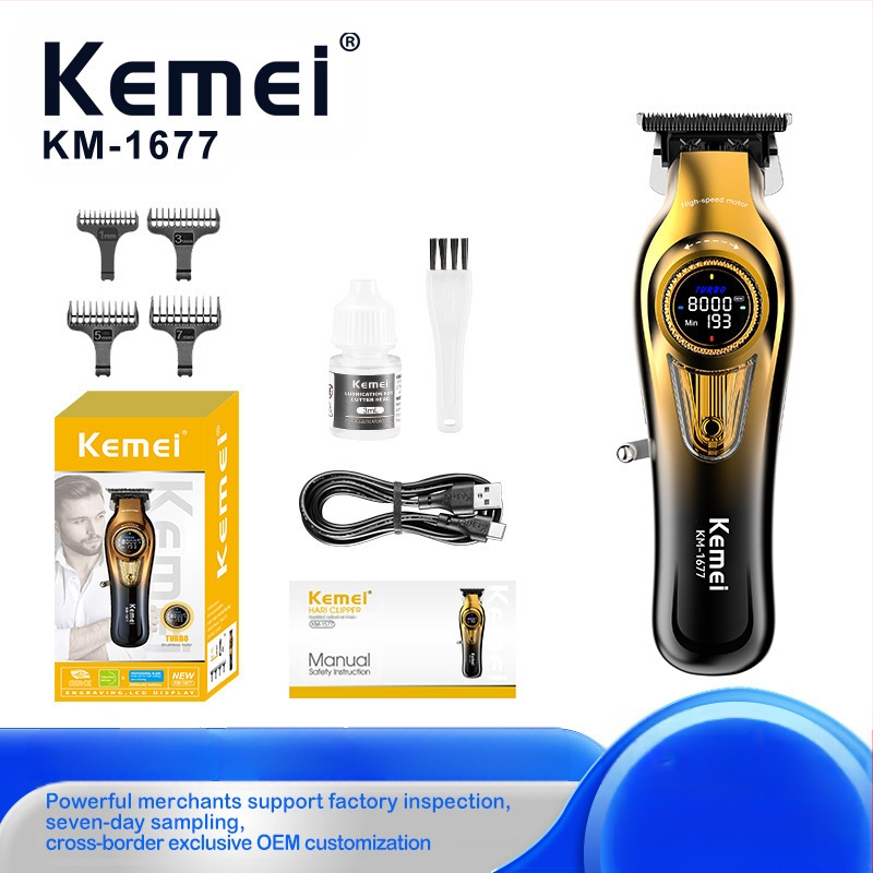 Kemei KM-1677 Plaukų kirpimo mašinka, įkraunama, be šepetėlių variklis, milteliniai lydiniai peiliukai, įmontuota 500–800 mAh baterija, veikimo laikas 1–3 val.