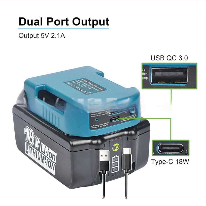 USB Type-C įkrovimo adapteris Makita 18V Li-ion baterijai, diržo sagties dizainas, svoris 70 g