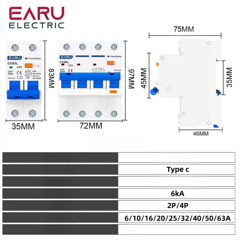 Mini RCBO perjungiklis su nuotėkio apsauga, 4P, 30 mA, 230 V AC, CE sertifikatas