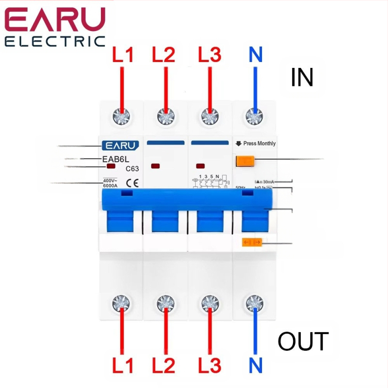 Mini RCBO perjungiklis su nuotėkio apsauga, 4P, 30 mA, 230 V AC, CE sertifikatas