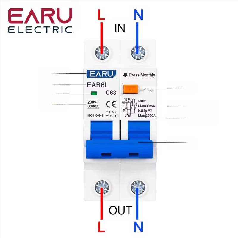 Mini RCBO perjungiklis su nuotėkio apsauga, 4P, 30 mA, 230 V AC, CE sertifikatas