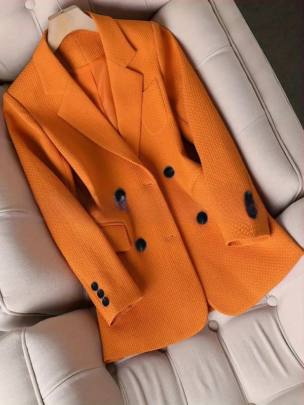 Дамско костюмно сако с яка, дълги ръкави, копчета в две редици, полиестер 95%+, дизайн колаж/шевове