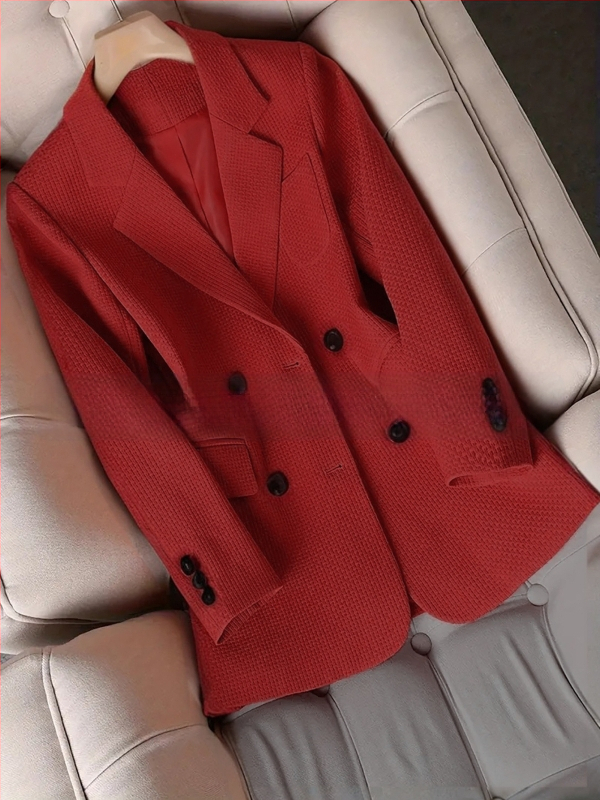 Дамско костюмно сако с яка, дълги ръкави, копчета в две редици, полиестер 95%+, дизайн колаж/шевове