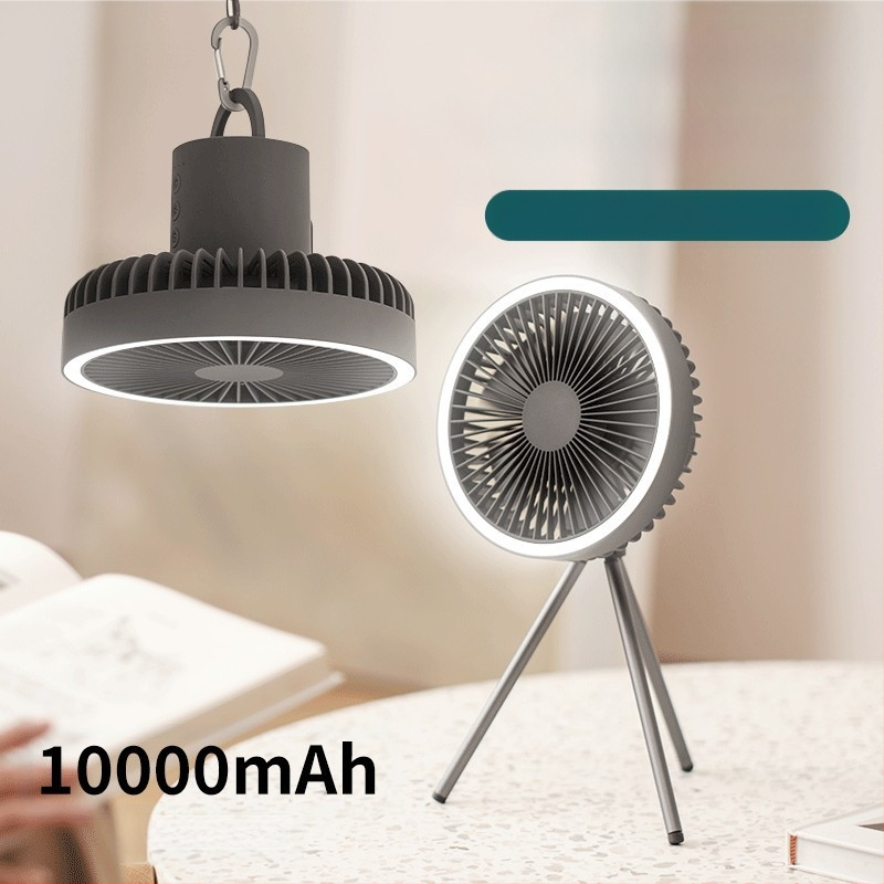 Q6G Външен къмпинг фен със светлина, 2-в-1, преносим презареждаем, висящ, трипод за палатка, таймер