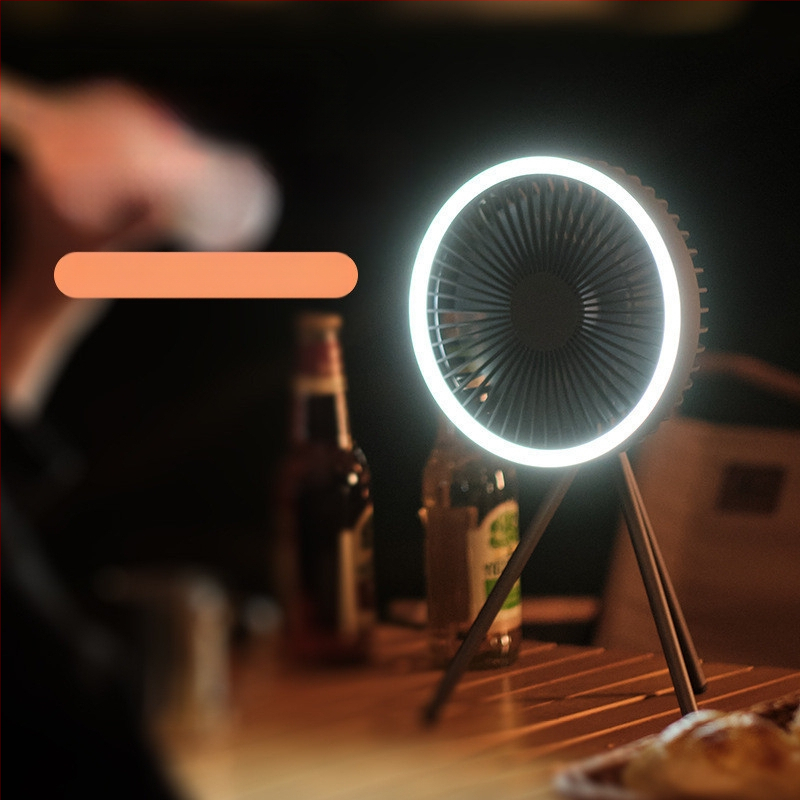 Q6G Външен къмпинг фен със светлина, 2-в-1, преносим презареждаем, висящ, трипод за палатка, таймер