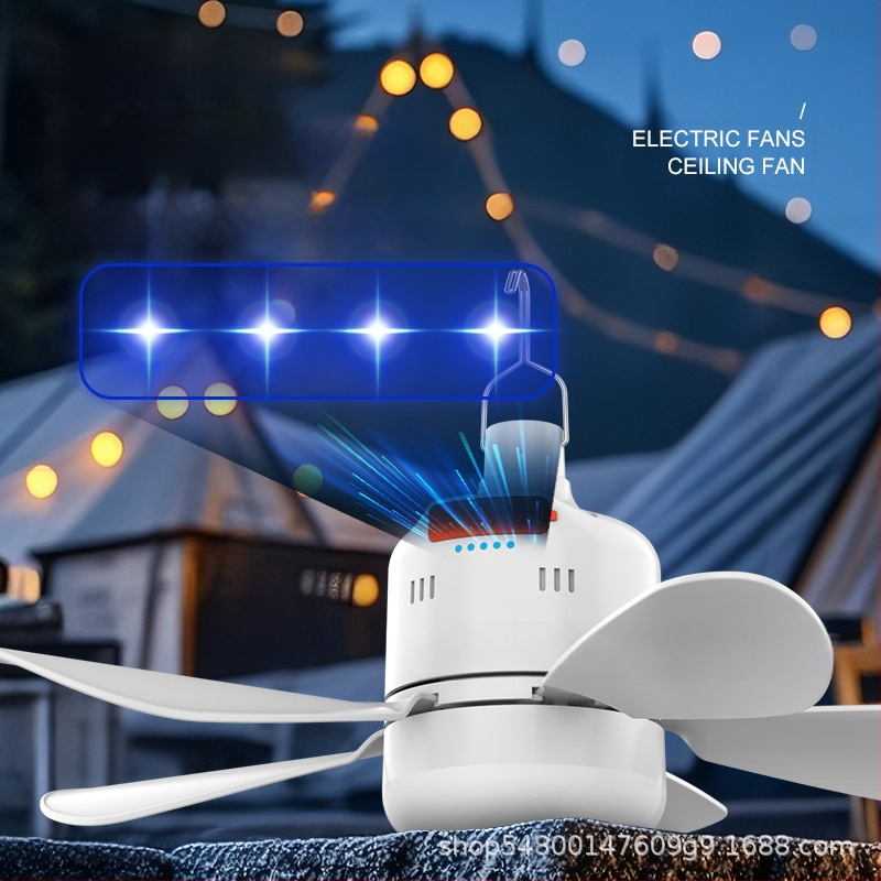 Kempinga ventilatora lampai ar tālvadību, gluda apgaismojuma regulēšana, 3 ventilatora ātrumi, 6–8 stundu darbība