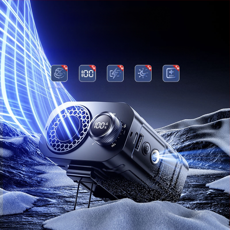 Juostos ventiliatorius su įmontuota 6000mAh baterija, skaitmeninis ekranas, žingsninė greičio reguliavimas, naktinė lemputė, įkraunamas, brushless motoras