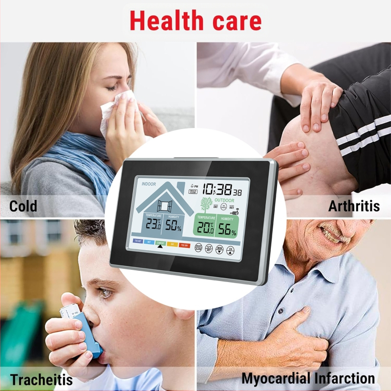 YIJIA метеорологичен часовник-аларм със вътрешна/външна температура и влажност, LCD дисплей, прогноза за времето, фаза на Луната, вечен календар, 24-часов дисплей, захранване с батерии