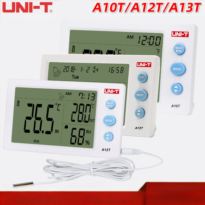 UNI-T Digitális hőmérséklet- és páratartalom-mérőgép, külső probez, asztali és falra szerelhető kivitel – -10°C és 50°C közötti hőmérséklet-tartomány, 10–99% RH, felbontás 0,1°C, pontosság ±1°C, 4,5 hüvelykes LCD
