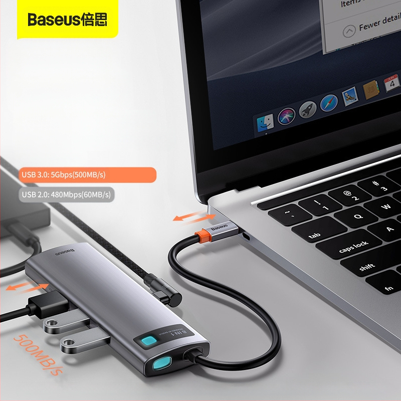 Baseus Metal Microlight Series 8-in-1 Type-C hub, USB 3.0, 0,25 m kábel, külső táp nélkül