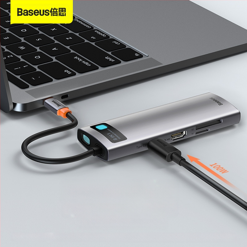Baseus Metal Microlight Series 8-in-1 Type-C hub, USB 3.0, 0,25 m kábel, külső táp nélkül