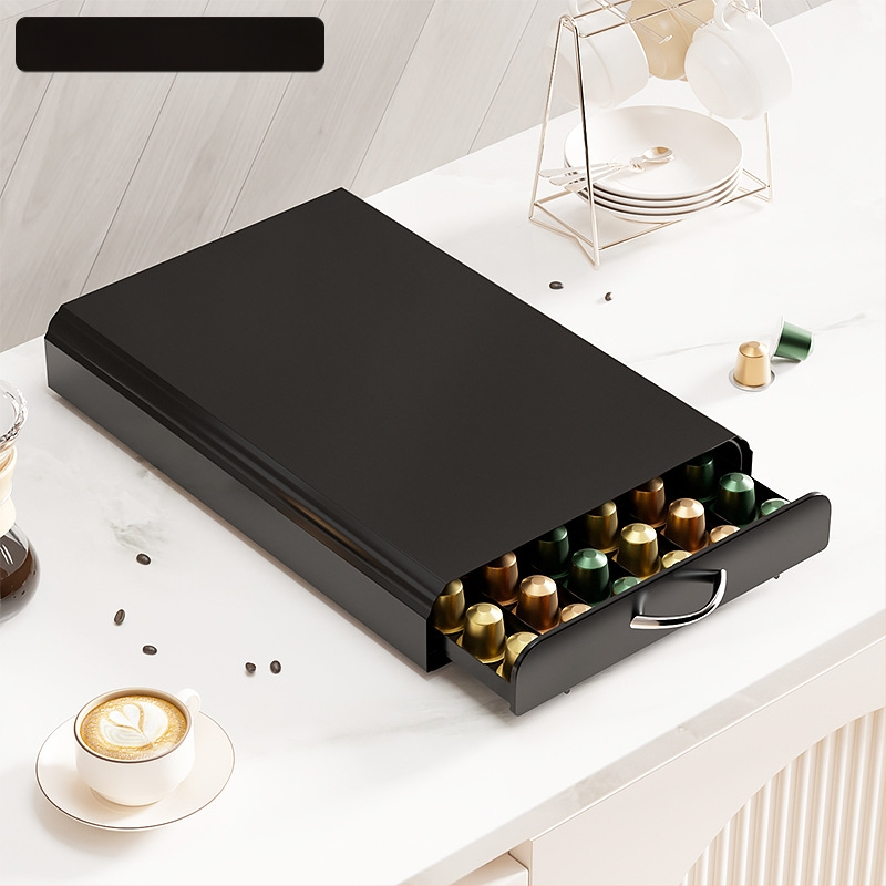 Raft metalic pentru capsule Nespresso cu sertar – bază pentru aparat de cafea, design cu lux discret