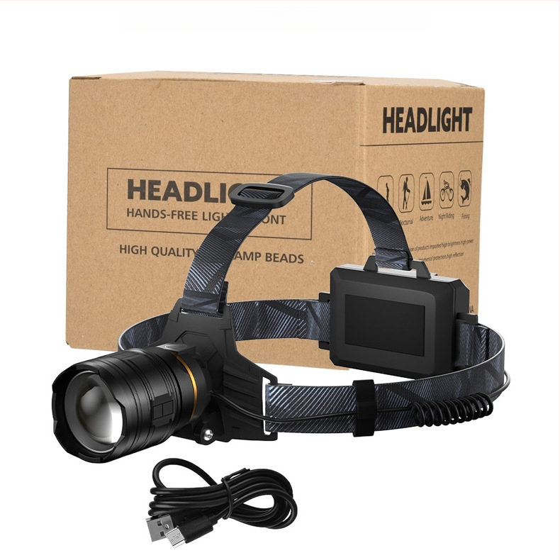 LED челна лампа с алуминиев корпус, 5400 mAh батерия, зум лъч, 360° въртене, обхват над 500 m, презареждаема, за нощен риболов и къмпинг