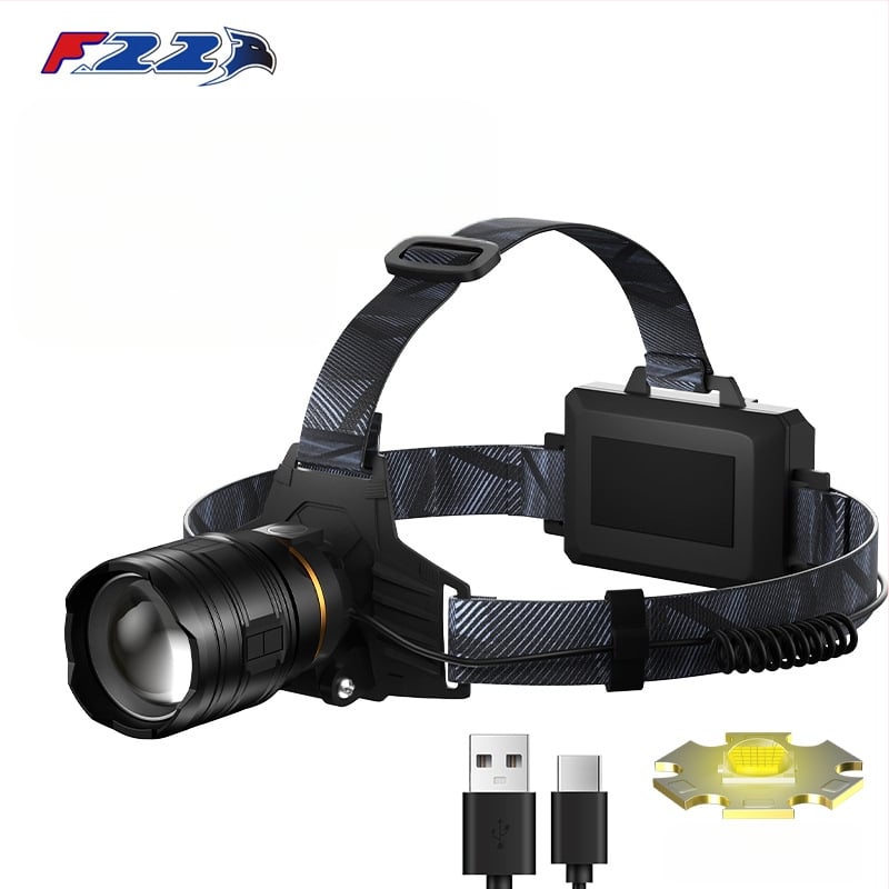 LED челна лампа с алуминиев корпус, 5400 mAh батерия, зум лъч, 360° въртене, обхват над 500 m, презареждаема, за нощен риболов и къмпинг