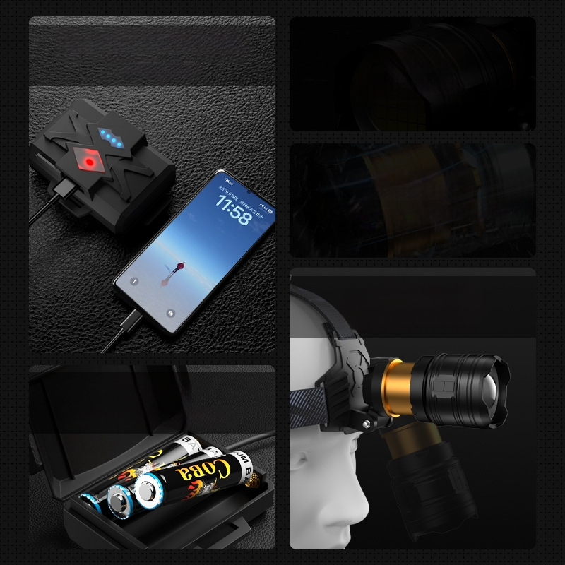 LED челна лампа с алуминиев корпус, 5400 mAh батерия, зум лъч, 360° въртене, обхват над 500 m, презареждаема, за нощен риболов и къмпинг