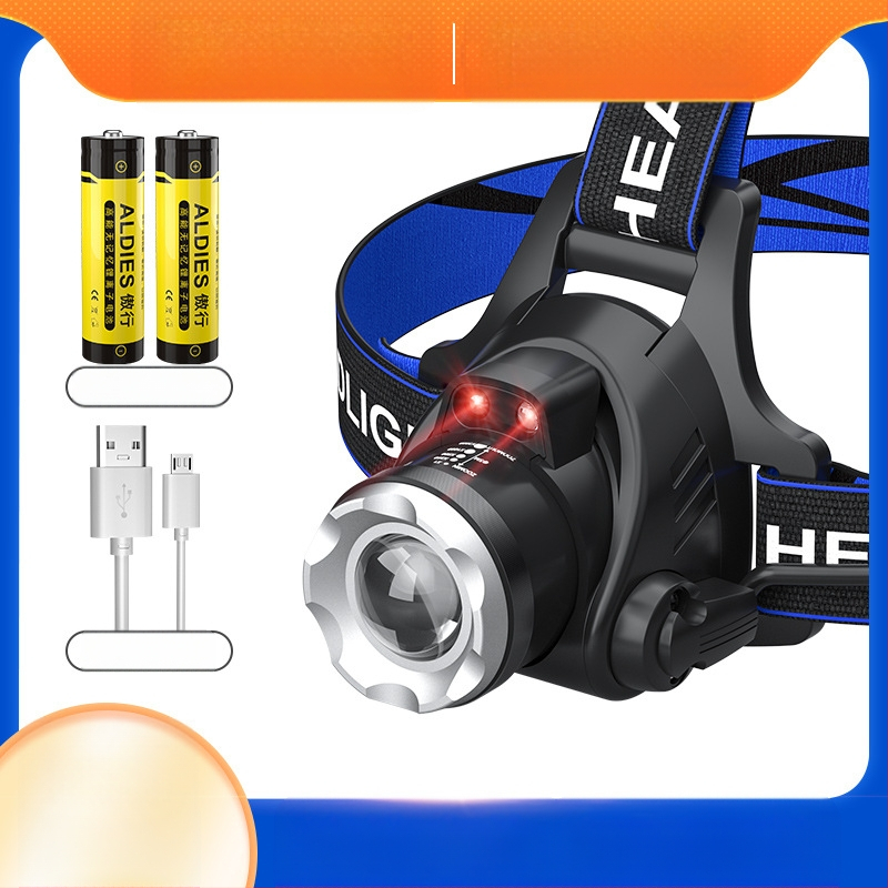 Κεφαλικός LED φακός T6 με ζουμ ρυθμιζόμενο, USB επαναφορτιζόμενος, ισχύς 10W и μπαταρία 1200mAh, περιστροφή 360°, εμβέλεια 100–200m